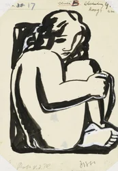 Naakte zittende vrouw met opgetrokken knieën (schets)