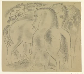 Twee paarden in een landschap met koeien