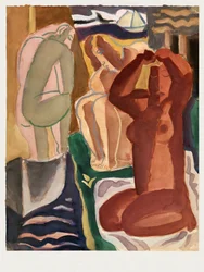 Twee badende vrouwen en een brugfiguur  - Leo Gestel 60x80 cm met witte rand