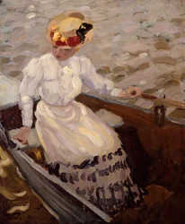 Een elegante dame in een roeiboot