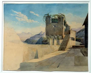 Het terras van de herberg. Schilderij door Leo Von Klenze (1784-1864)