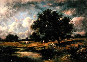 Landschap met koeien en figuren