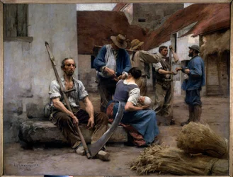 De uitbetaling van boerenmaaiers op een boerenerf, een van hen houdt een zeis vast. Schilderij van Léon Augustin Lhermitte (1844-1925), 1882. Zon. 2,15 x 2,72 m. Parijs, Musée d
