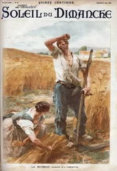 De oogst. Boeren maaien het tarwe op een veld. (gebaseerd op de aquarel van L. Lhermitte) Gravure in Le sun-du-dimanche, 6 augustus