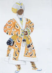 Kostuumontwerp voor Vaslav Nijinsky in het ballet Blue God door R. Hahn