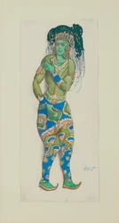 Kostuumontwerp voor het Ballet Blauwe God door R. Hahn, 1910
