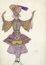 Kostuumontwerp voor het Ballet Blauwe God door R. Hahn, 1911