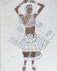 Kostuumontwerp voor het Ballet Blauwe God door R. Hahn, 1912