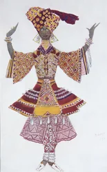 Kostuumontwerp voor het ballet Blauwe God door R. Hahn, 1912