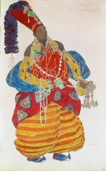 Kostuumontwerp voor het ballet Sheherezade, opgevoerd tijdens de (aquarel)