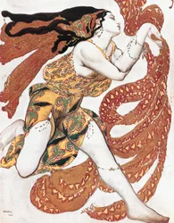 Kostuumschets voor een Bacchante, uit het ballet " Narcissus ", mythologisch gedicht met muziek vanN (aquarel, gouache, potlood, goud, zilver op papier)