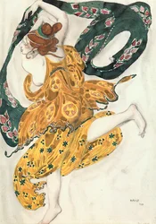 Kostuumschets voor een Beotiaanse vrouw, uit het ballet " Narcissus ", mythologisch gedicht met muziek vanN (aquarel, gouache, potlood, goud, zilver op papier)