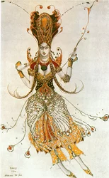 Vuurvogel, kostuumschets voor het ballet van Igor Stravinski (aquarel, krijt en goud op papier)