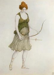 Nymphe chasseresse - Jachtnimf;kostuumschets voor het ballet " Sylvia " van Leo Delibes (aquarel, potlood en brons op papier)