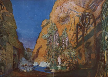 Toneelontwerp voor het ballet Blauwe God door R. Hahn, 1912