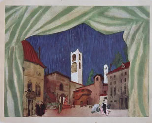 Toneelontwerp voor het ballet Le donne di buon umore door C. Goldoni, 1917