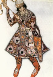 De Tsarevitch Ivan, kostuumschets voor Igor Stravinskis ballet De Vuurvogel (aquarel, gouache)