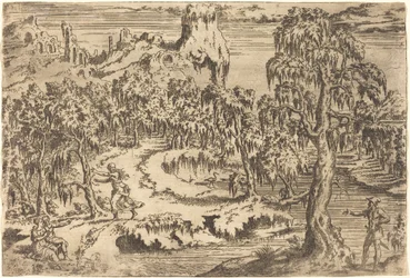 Landschap met een Vrouw die Vlucht bij het Zien van een Soldaat