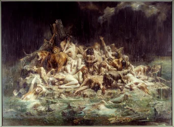 De zondvloed. Een groep menselijke en dierlijke lichamen onder de regenstromen van de woede van de hemel, sommige zijn al verdronken, andere schreeuwen hun nood uit. Schilderij van Léon Comerré (1850-1916), 1911, afmetingen 3,45 x 4,48 m, Nantes, Musée