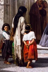 Jonge vrouw geeft aalmoes bij de ingang van de kapel van het San Sebastian ziekenhuis in Cordoba, detail