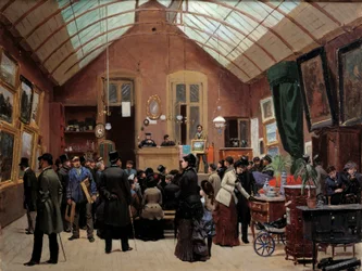 Een verkoopruimte in de 19e eeuw. Schilderij door Leon Joseph Voirin (1833-1887)