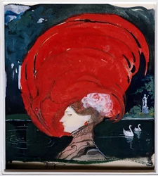 "De dame met de rode hoed" Portret van een elegante dame met een rode gevederde hoed. Schilderij van Leo Schnug (1878-1933).