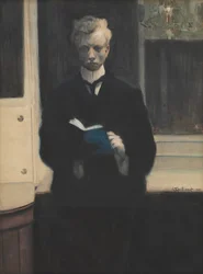 Zelfportret met blauw schetsboek