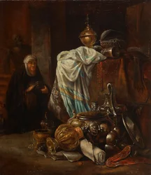 Stilleven met oosterse voorwerpen en metalen vaten