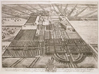 Badminton House in het graafschap Gloucester, gegraveerd door Johannes Kip