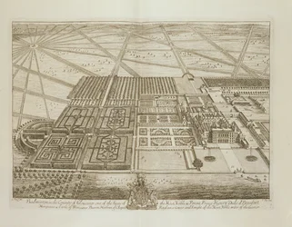 Badminton House in het graafschap Gloucester, gegraveerd door Johannes Kip