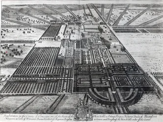 Badminton House in het graafschap Gloucester, gegraveerd door Johannes Kip