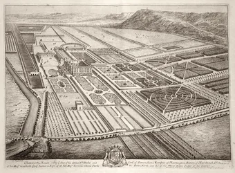 Chatsworth House, zetel van William Cavendish (1640-1707) 1e Hertog van Devonshire, gegraveerd door Johannes Kip