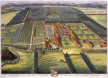 Hutton Hall in het graafschap Cumberland gegraveerd door Johannes Kip