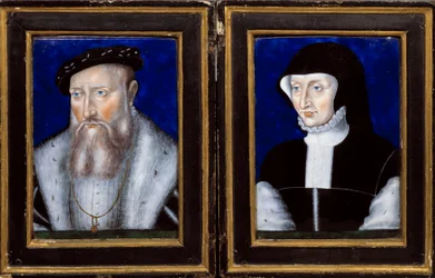 Portret van Claude de Lorraine (1496-1550), Hertog van Guise en Antoinette van Bourbon Vendome (1494-1583), zijn vrouw Emaille geschilderd door Leonard Limosin (1505-1577) ca. 1550