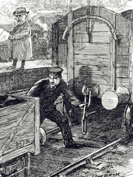 Een cartoon over ongevallen van spoorwegwerkers. Geïllustreerd door Leonard Raven-Hill (1867-1942), een Engelse kunstenaar, illustrator en cartoonist, 20e eeuw