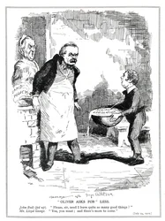 John Bull klaagt bij Lloyd George dat er te veel hervormingen zijn in zijn sociale wetgeving en landbeleidshervormingen, 1912