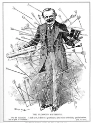 Lloyd George, afgebeeld als de martelaar, St. Sebastian, onder aanval voor zijn National Insurance Act, die in werking trad op 15 juli 1912