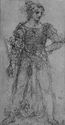 Een vrouw die een lijfje van gevlochten linten draagt, circa 1480, 1945