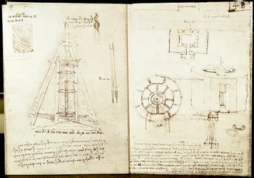 Architectuur en militaire kunst: linkerpagina: slak. Slaktrap rond een toren. Boren van een balk. Rechterpagina: ingang van een versterkte stad. Plan en elevatie van een ronde toren versterkt aan zee. Manuscript door Leonardo da Vinci (1452-1519)
