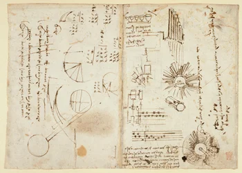 Notities en ruwe diagrammen (zijaanzicht); wiskundige berekeningen (zijaanzicht), uit 