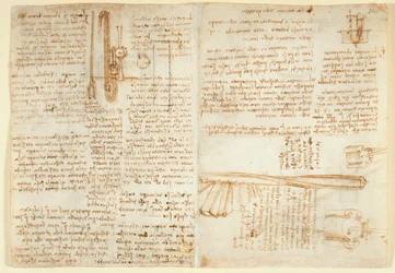 Arundel 263 f.269v, f.264 Notities en schets van een hydraulisch apparaat, uit 