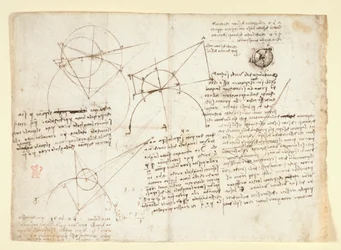 De verso zijde van een enkel groot blad, voorheen langs de rechterrand gebonden en gevouwen in het notitieboek. Notities en diagrammen over optica, betreffende Alhazen