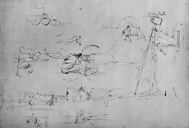 Strijdwagens Gewapend met Zeisen en Vlegels en Ruiter met Drie Lansen, ca. 1480, 1945