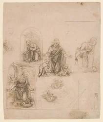 Compositieschetsen voor de Maagd die het Christuskind aanbidt, met en zonder de kleine Johannes de Doper; diagram van een perspectivische projectie (recto); lichte krabbels (verso)