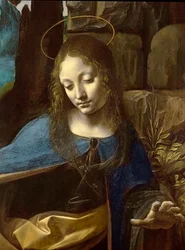 Detail van het hoofd van de Maagd, uit De Madonna in de grot (De Maagd met de jonge Johannes de Doper die het Christuskind aanbidt, vergezeld door een engel), detail, ca. 1508