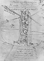 Tekening van een vliegmachine met een man die het bedient, ca. 1480