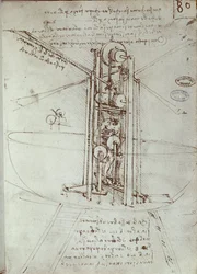 Tekening van vliegende voortstuwingsmachine. Manuscript door Leonardo da Vinci