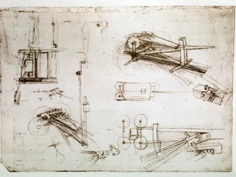 Fragment uit een Da Vinci manuscript dat de constructie beschrijft van de "Drager voor een kanon" (manuscript)