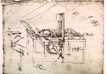 Uittreksel uit een Da Vinci Manuscript dat het principe en de constructie beschrijft van een "Hydraulische zaag met automatische doorvoer" (manuscript)