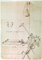 Uittreksel uit een Da Vinci Manuscript waarin het principe en de constructie van een "Machine voor het inspringen van vijlen" wordt beschreven (manuscript)